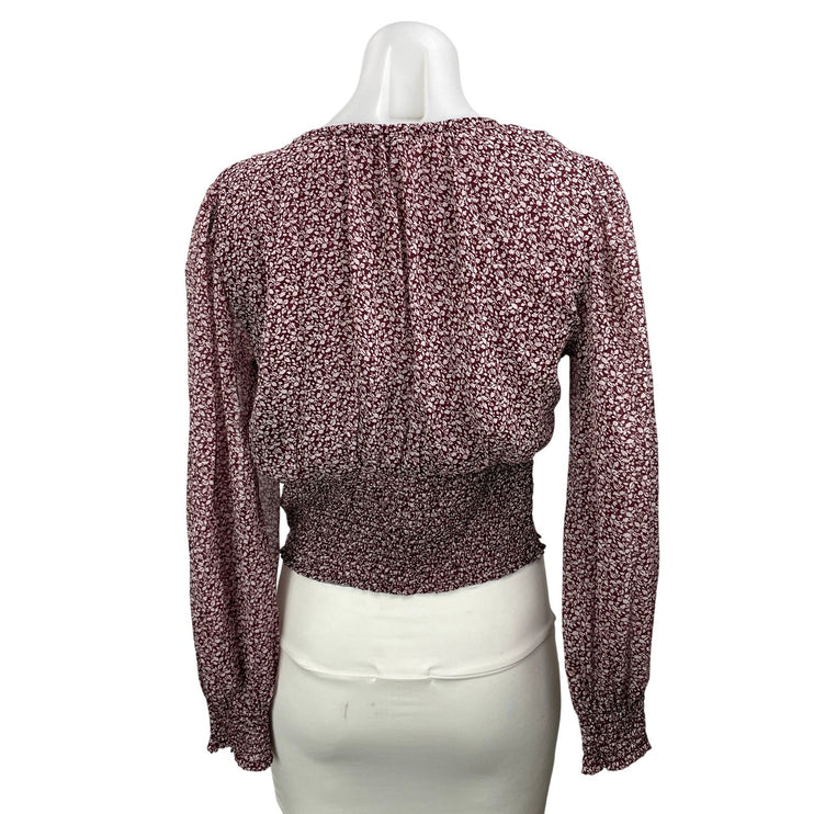 Abercrombie & Fitch Maroon Red Floral Long Sleeve V Neck Smocked Blouse Top S