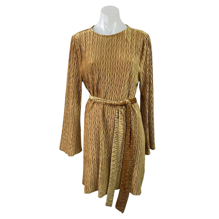 NEW Dress Forum Gold Velvet Velour Chevron Long Sleeve Tie A Line Mini Dress M