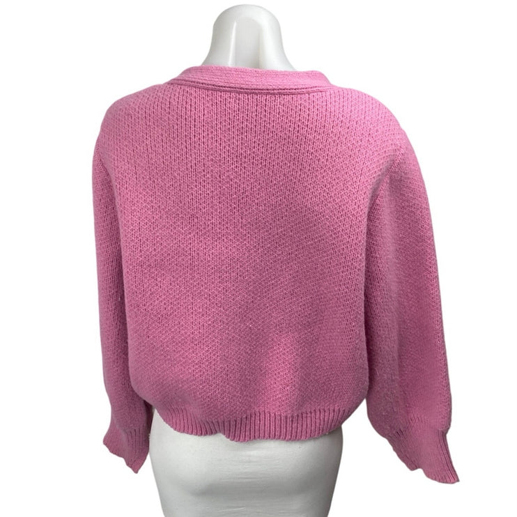 Olivaceous Women Pink Long Sleeve Pocket Knit Button Up Cardigan Sweater Top S/M