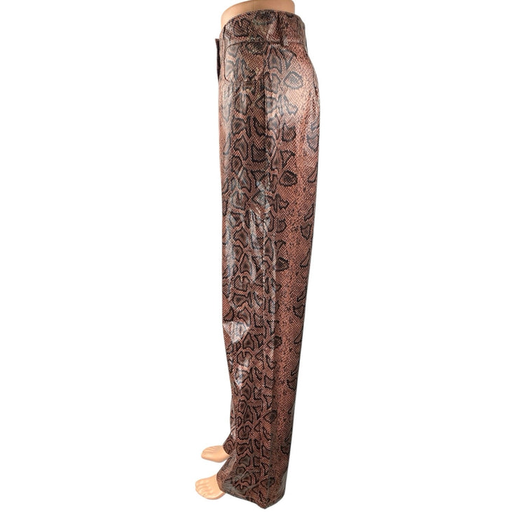 PrettyLittleThing Brown Snakeskin Leather Straight High Waisted Trousers Pants 4