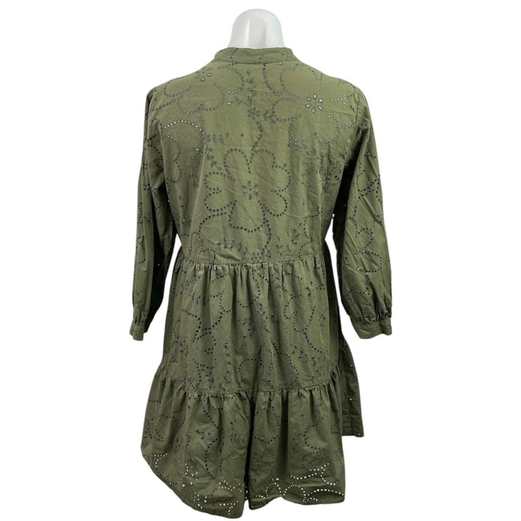 Zara Green Floral Eyelet Embroidered 3/4 Sleeve Tiered Mini Flare A-Line Dress S