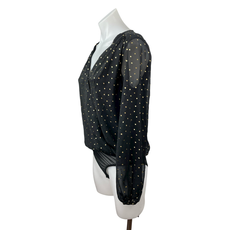 All in Favor Black Metallic Dot Sheer Mesh Long Sleeve Wrap Bodysuit Top Size S