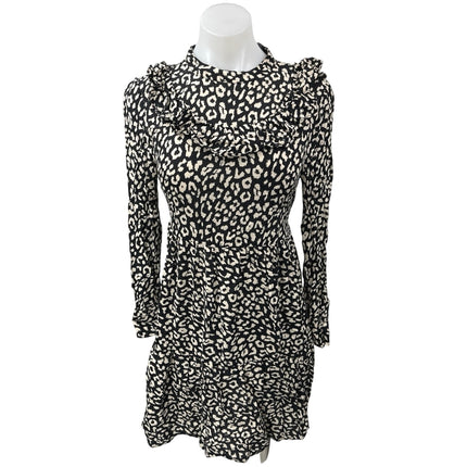 ZARA Black Cream Leopard Animal Print Long Sleeve Ruffle Mini A-line Dress XS