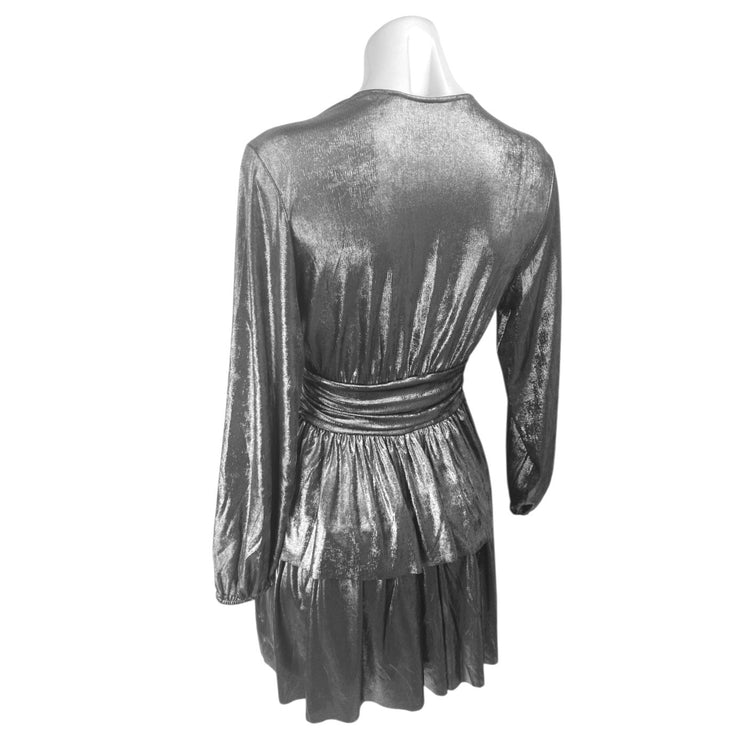 Zara Silver Metallic Long Sleeve Deep V-Neck Pleated Fit & Flare Mini Dress XS