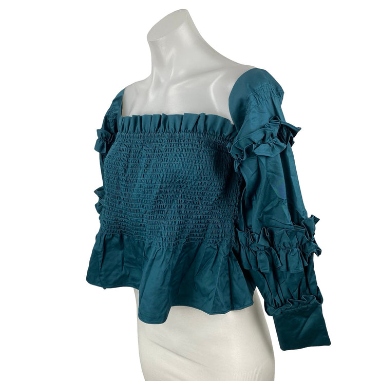 Petersyn Women's Teal Blue Long Sleeve Ruffle Smocked Peplum Crop Top Size S