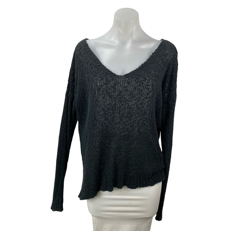 Brandy Melville Women's Black Knit Long Sleeve Deep V Neck Sweater Top Size OS