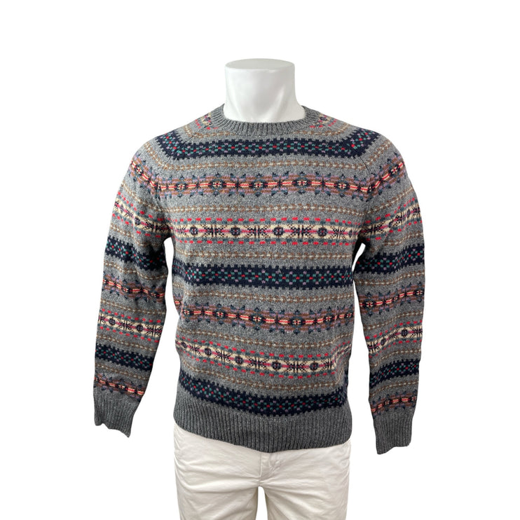 J.Crew Men's Gray Fair Isle 100% Lambs Wool Crew Neck Long Sleeve Sweater Size S