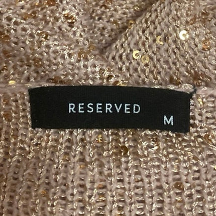 Reserved Women's Tan Sequin Knit Short Sleeve Deep V-Neck Sweater Top Size M