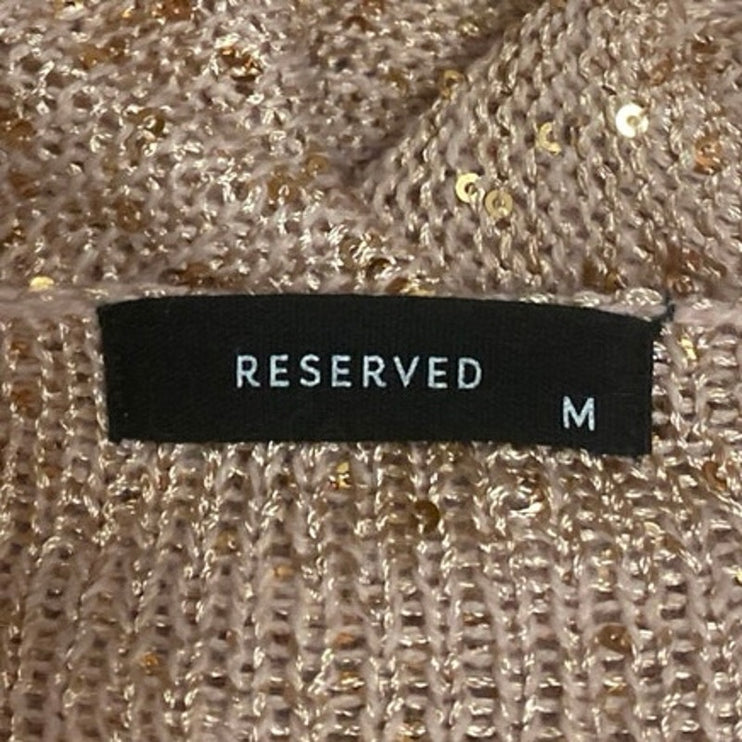 Reserved Women's Tan Sequin Knit Short Sleeve Deep V-Neck Sweater Top Size M