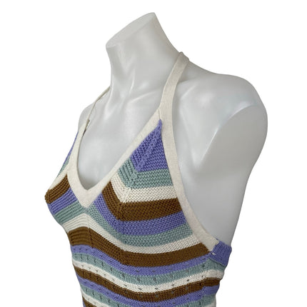 No Comment Multicolor Striped Knit Halter Backless V Neck Mini Bodycon Dress S
