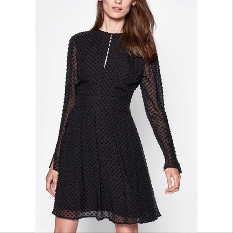 NEW Equipment Jenava Black Dots Silk Long Sleeve Fit & Flare Keyhole Dress Sz 8