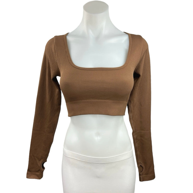 OQQ Women's Brown Pullover Ribbed Knit Long Sleeve Square Neck Crop Top Size M