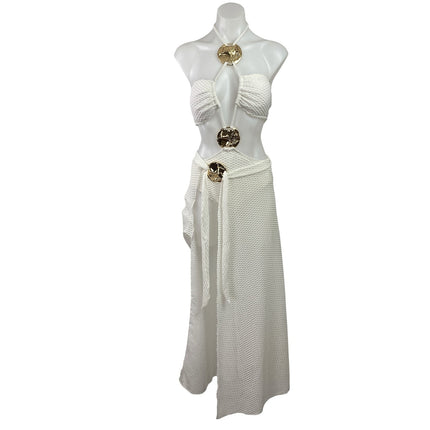 Womens White Crochet Cutout One Piece Swimsuit & Skirt Cover Up Co-ords Set Sz M