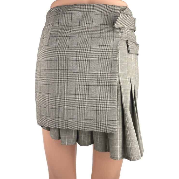 Zara Gray Plaid High Waisted Wrap Zip Pleated Pocket A Line Mini Skirt Size XS