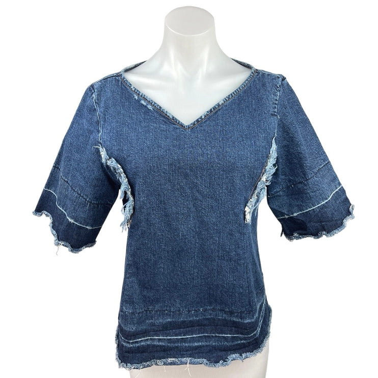 Rachel Comey Blue Chambray V-neck Distressed Short Sleeve Denim Blouse Top Sz 2