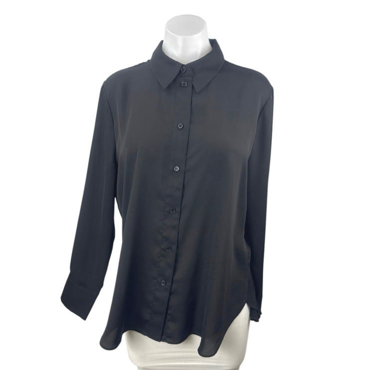 H&M Womens Black Collared Long Sleeve Formal Work Button Down Shirt Blouse Top M