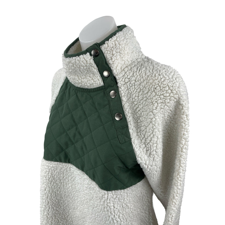 Abercrombie & Fitch White Green Quilted Faux Sherpa Snap Sweater Top Size S