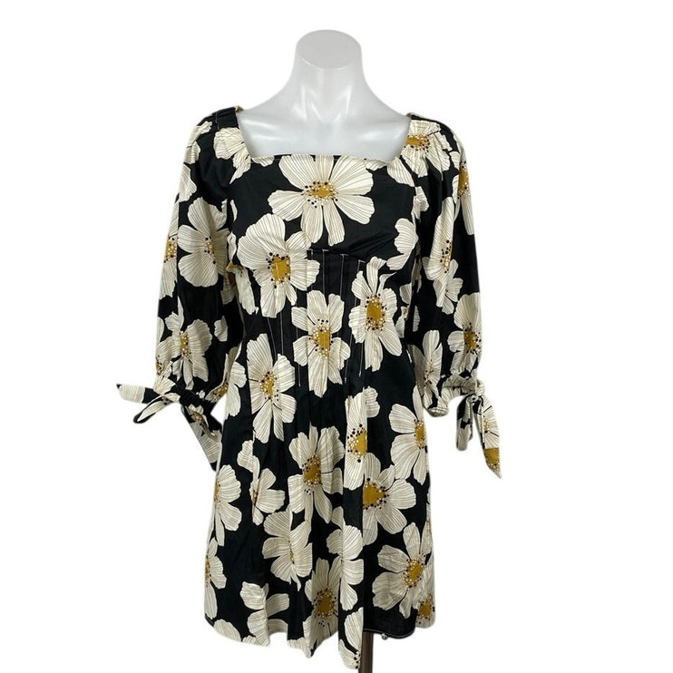 NEW Umgee Floral Smocked Square Neck Balloon Sleeve Mini Flare A-Line Dress Sz L