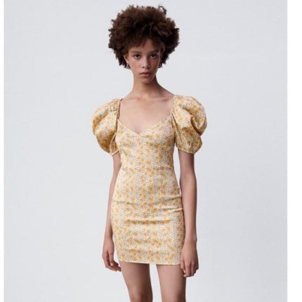 Zara Yellow Floral Silk Satin Short Puff Sleeve Bustier Mini Bodycon Dress Sz M