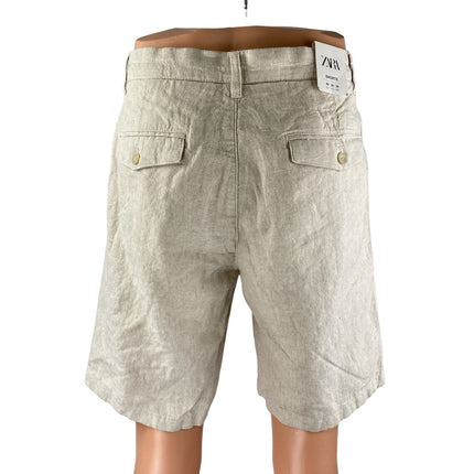 NEW Zara Men's Beige Linen High Rise Pockets Chino Khaki Bermuda Shorts Size 36