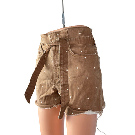 Tinsel Women's Brown Polka Dots High Rise Tie Belted Denim Jean Shorts Size 29