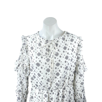 Sharon Max White Floral Long Sleeve Ruffle Tie Neck Tiered A Line Midi Dress M