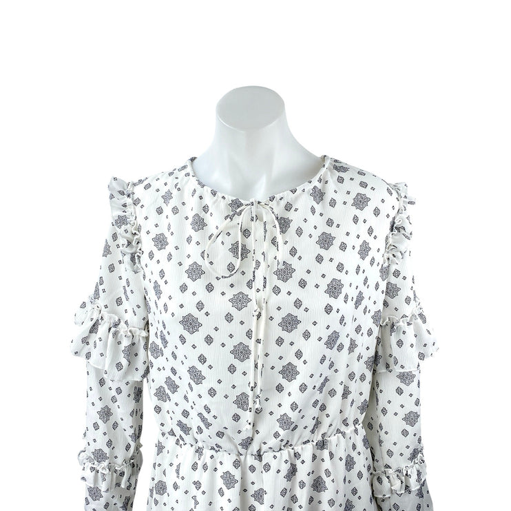 Sharon Max White Floral Long Sleeve Ruffle Tie Neck Tiered A Line Midi Dress M