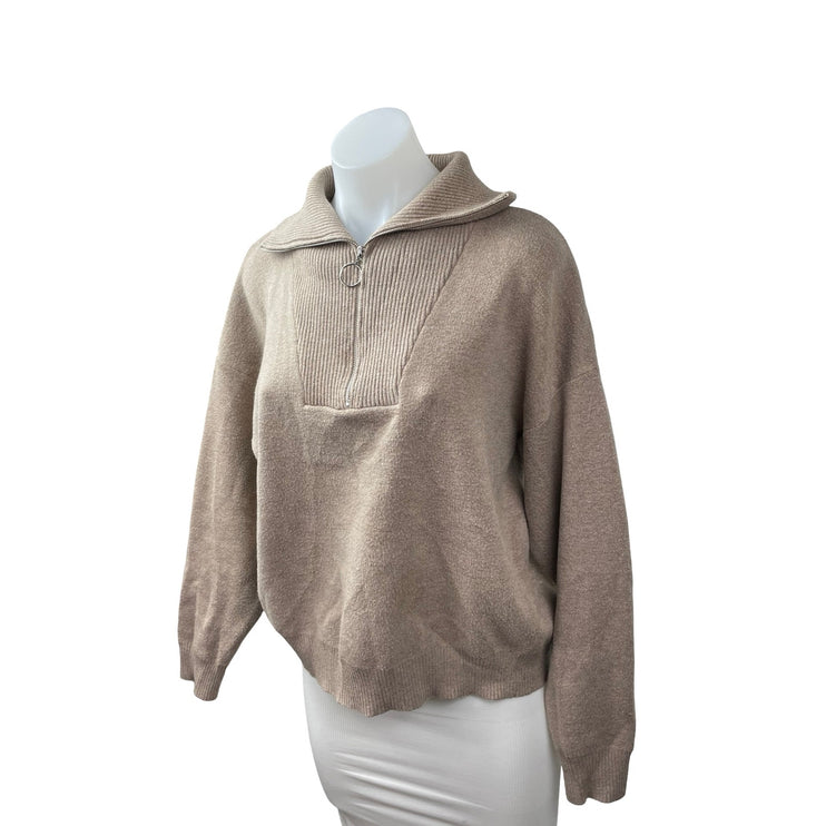 Exquiss's Women's Beige Collared Long Sleeve Half Zip Sweater Sweatshirt Top OS