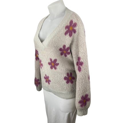 Listicle Women's Beige Floral Fleece V Neck Knit Long Sleeve Sweater Top Size M