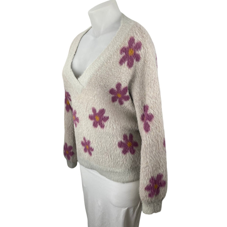 Listicle Women's Beige Floral Fleece V Neck Knit Long Sleeve Sweater Top Size M