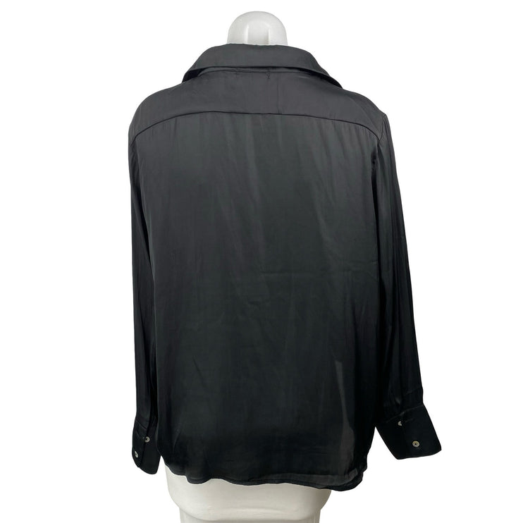 We're All Pretty Girls Black Silky Satin Long Sleeve Button Down Shirt Top Sz L