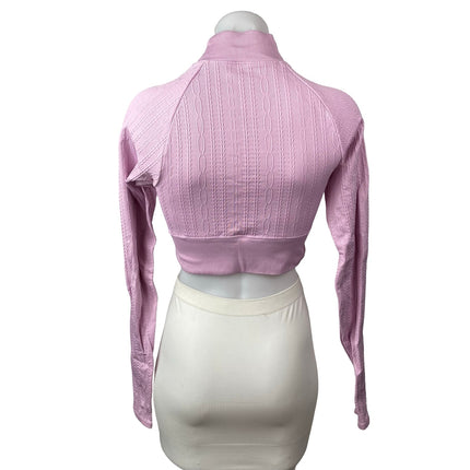 Alo Yoga Seamless Pink Cable Knit Mock Neck Long Sleeve Athletic Crop Top Sz S
