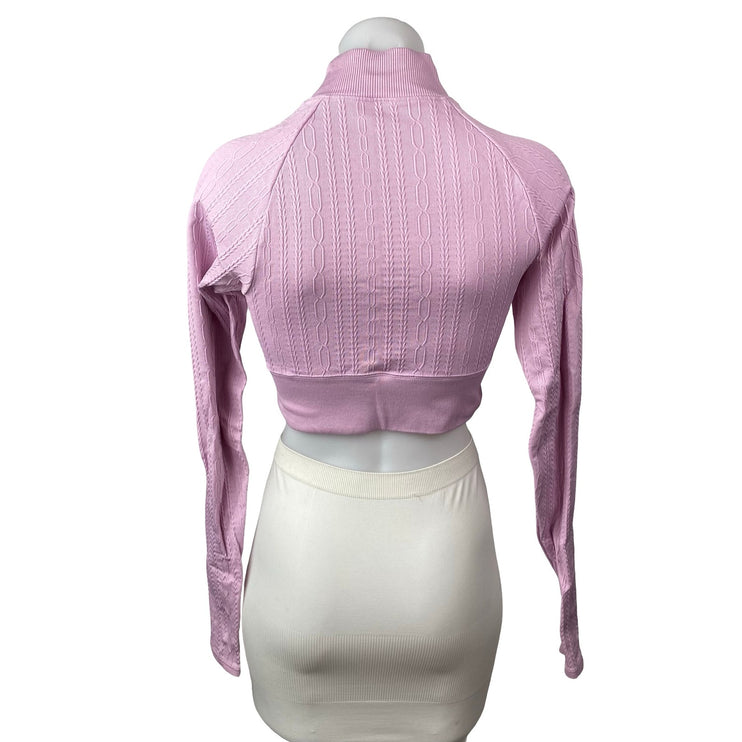 Alo Yoga Seamless Pink Cable Knit Mock Neck Long Sleeve Athletic Crop Top Sz S