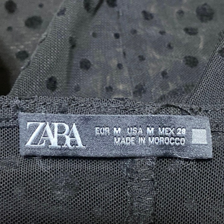 Zara Black Mesh Sheer Short Puff Sleeve Polka Dots Blouse Bodysuit Top Size M