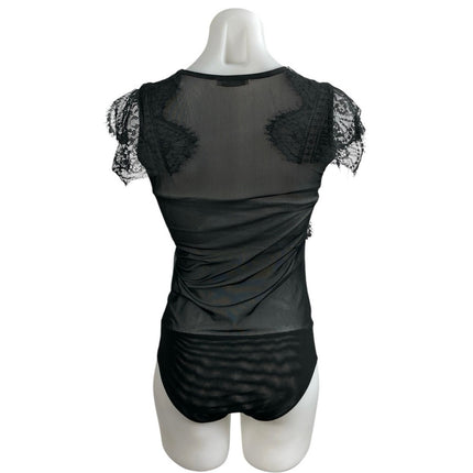 Zara Women's Black Lace Sheer Mesh Ruffle High Neck Cap Sleeves Bodysuit Top S