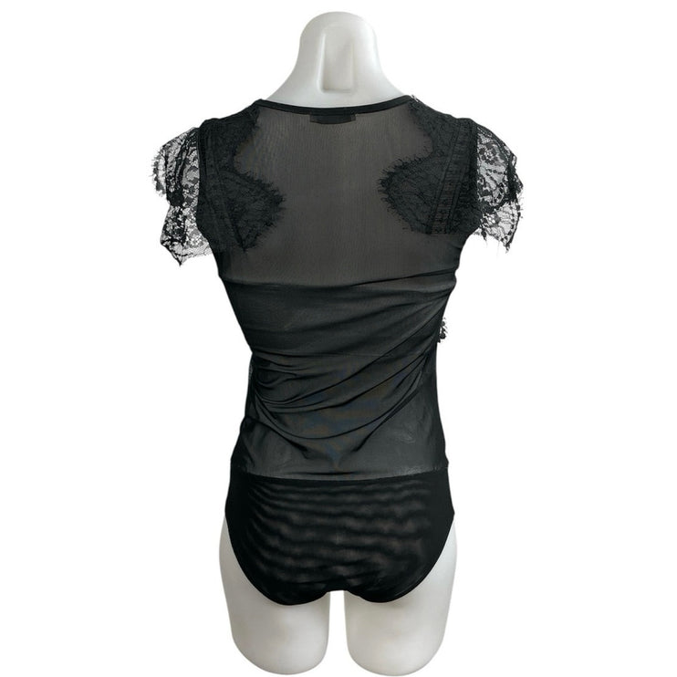 Zara Women's Black Lace Sheer Mesh Ruffle High Neck Cap Sleeves Bodysuit Top S