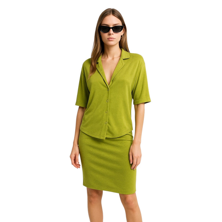 Princess Polly Womens Green Button Down Short Sleeve Shirt Top & Skirt Set Sz 6