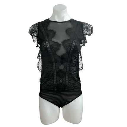 Zara Women's Black Lace Sheer Mesh Ruffle High Neck Cap Sleeves Bodysuit Top S