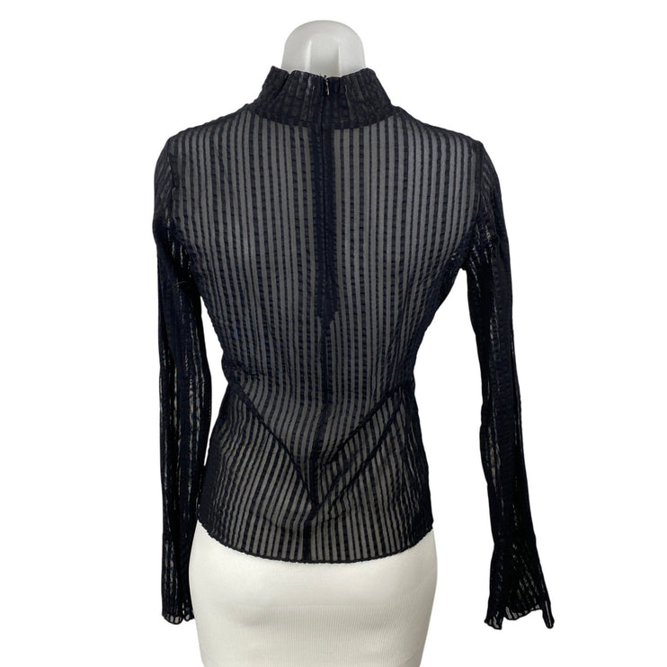 Fanco Women's Black Sheer Mesh Pleated Mock Neck Long Sleeve Blouse Top Size M