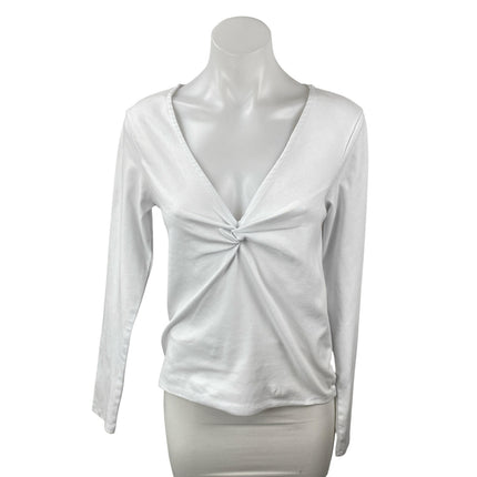 NEW MNG Mango Women's White Twist Front Deep V Neck Long Sleeve Blouse Top Sz XL