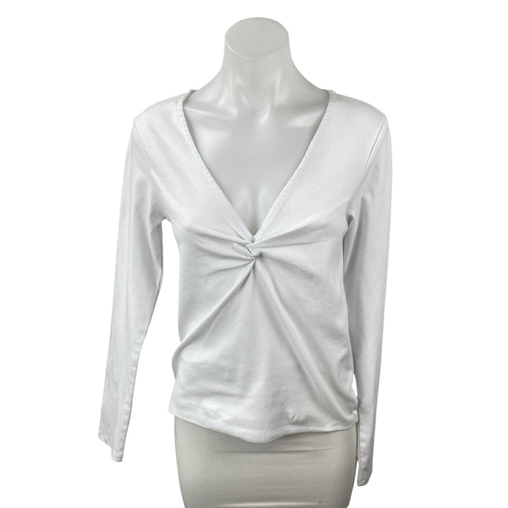 NEW MNG Mango Women's White Twist Front Deep V Neck Long Sleeve Blouse Top Sz XL