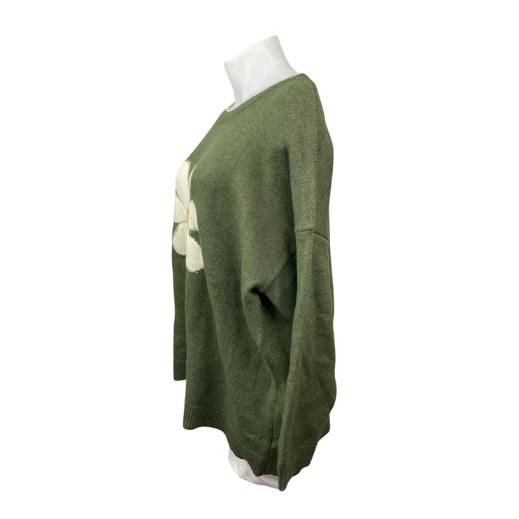 Bloomchic Women Green Floral Daisy Long Sleeve Knit Crew Neck Sweater Top 22/24