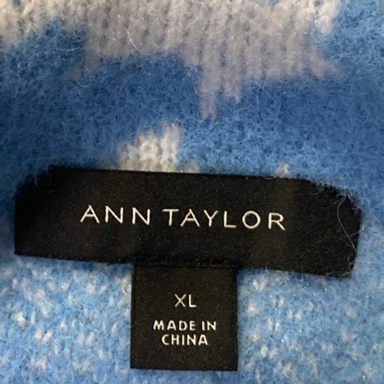 Ann Taylor Blue White Houndstooth Knit Long Sleeve Funnel Neck Sweater Top Sz XL