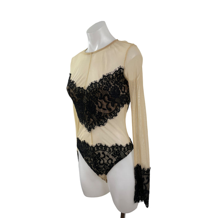 Forever 21 Nude Mesh Sheer Floral Lace Crew  Neck Long Sleeve Bodysuit Top S/M