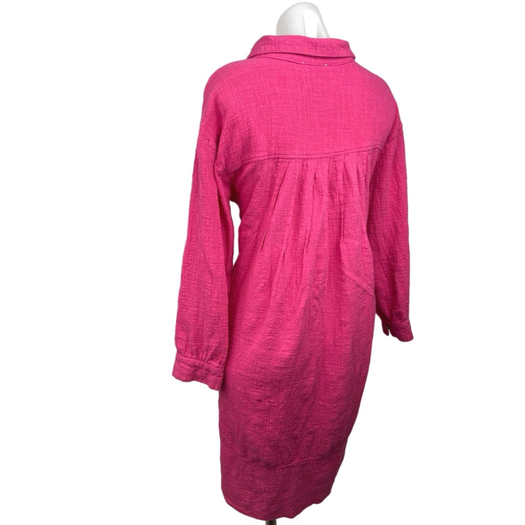 Umgee Pink 100% Cotton Pocket Collared Long Sleeve Mini Shirt Dress Size S