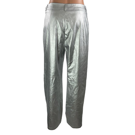 Commense Women's Silver Metallic High Rise Baggy Wide Leg Trousers Pants Size M