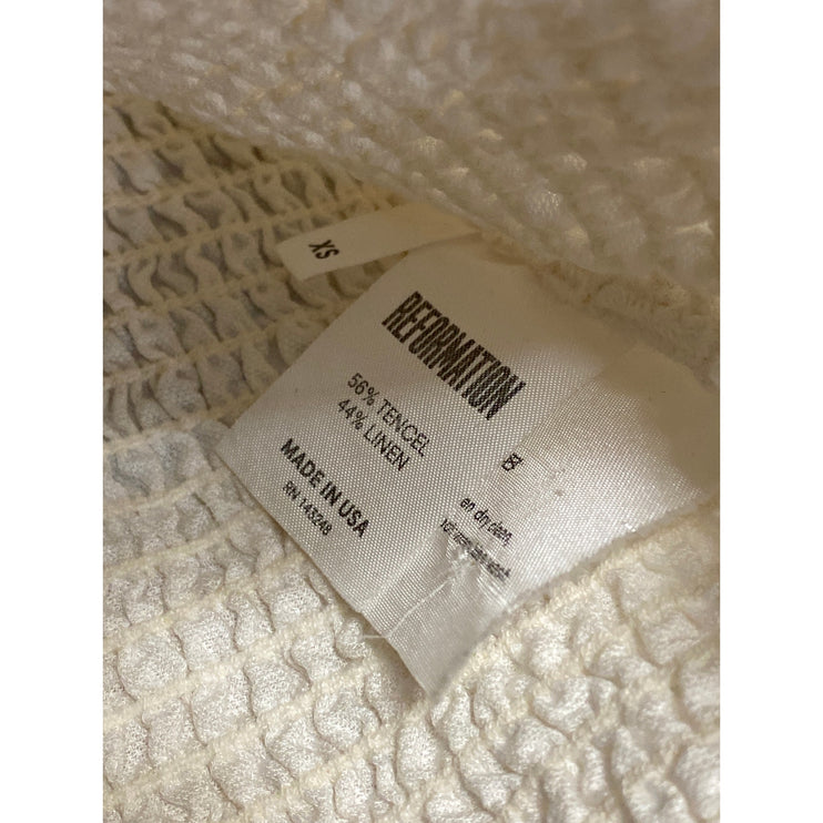 Reformation White Linen Smocked Square Neck 3/4 Puff Sleeve Crop Blouse Top XS