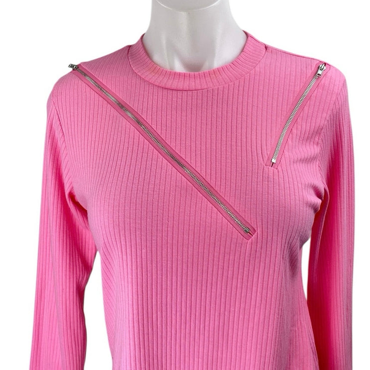 NEW Ma Cherie Pink Rib Knit Long Sleeve Aymmetric Zipper Cutout Sweater Top Sz L