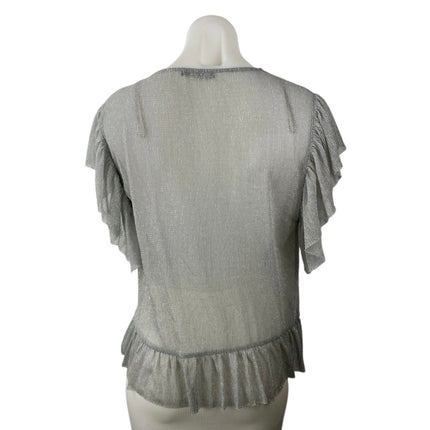 Zara Women's Gray Silver Metallic Sparkle Ruffle Flutter Sleeve Blouse Top Sz M