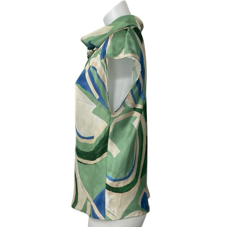 Zara Women's Green Geometric Abstract Cap Short Sleeve Cowl Blouse Top Size S